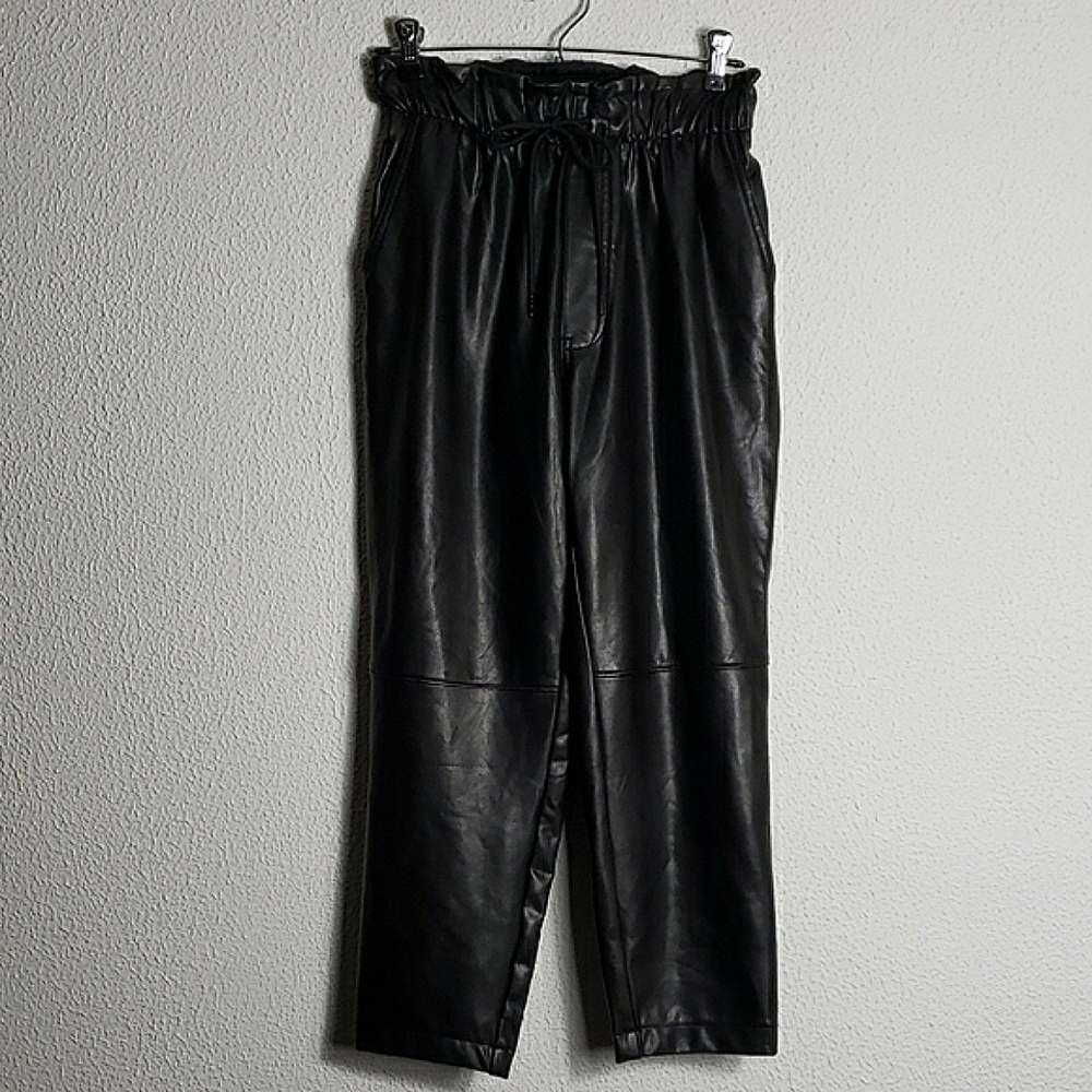 Abercrombie & Fitch Black Faux Leather Paperbag Pants Tie Waist Straight Leg S - Picture 2 of 13